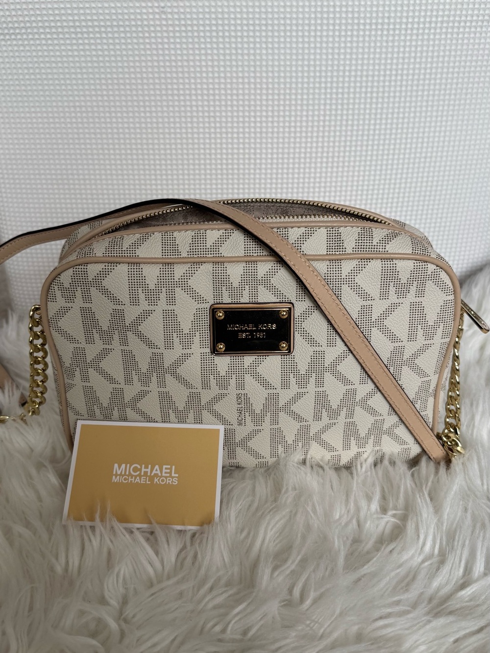Michael Kors Cream Signature Crossbody with Beige Trim